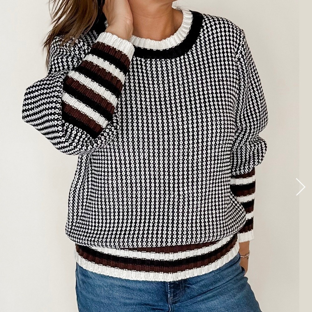 Vine & Love Womens Polka Dot & Striped Ballon Sleeve Crewneck Pullover Sweater-M - Picture 2 of 7